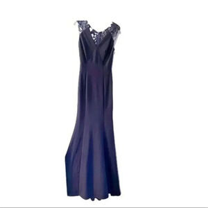 Miss Kim navy blue mermaid sequin gown with lace halter back sleeveless S NEW